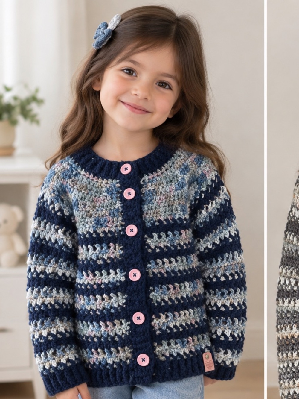 Navy & Multicolor Crochet Kids Cardigan with Pink Buttons